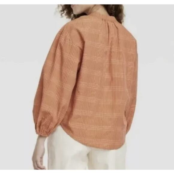 A New Day Popover Blouse WMNS XXL Rust Plaid Long Sleeve Office Work Top Shirt - Picture 9 of 10